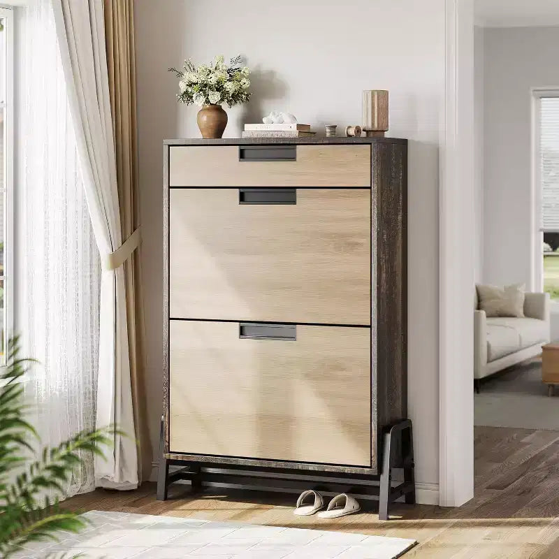 Shoe Storage Organizer with 2 Flip Drawers and 1 Drawer, Shoe Cabinet with 3-Tier Adjustable Shelves
