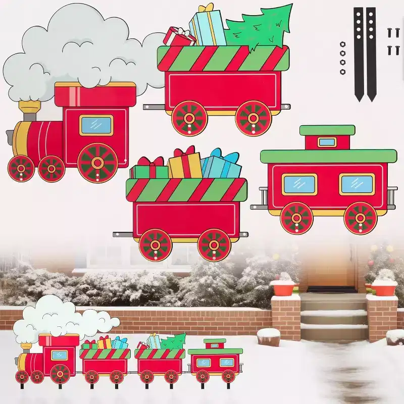 Christmas Metal Yard Signs- Set of 4 Different Train Car Designs- Large 16-Inch Durable Outdoor Xmas Lawn Decorations w Metal Stakes for Easy Set Up