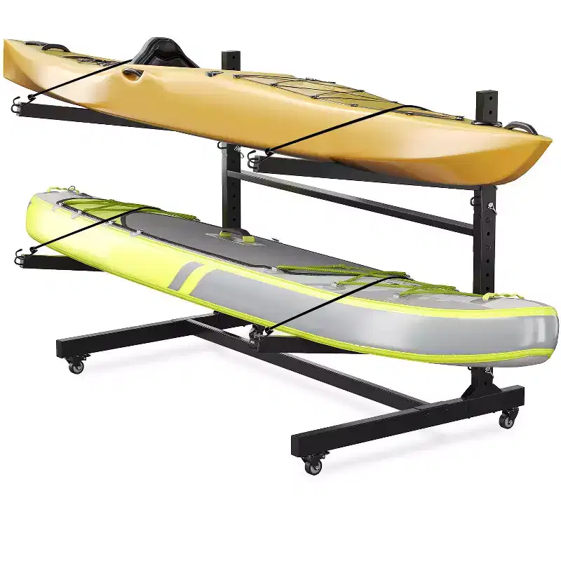 COZONY Heavy-Duty Kayak Storage Rack for 2 Kayaks, 2-Layer Freestanding Rack with Wheels & Hanging Straps