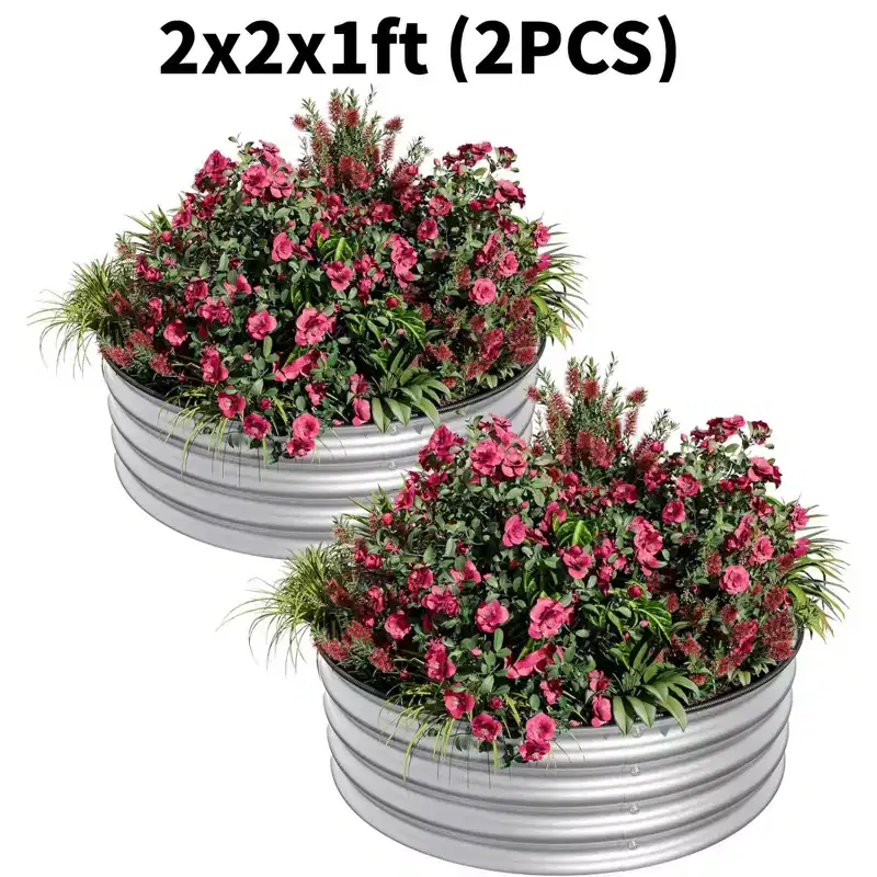 GustoWave 2 PCs 2x2x1FT Round Galvanized Steel Raised Garden Bed Kit for Vegetables, Flowers & Fruits, Silver