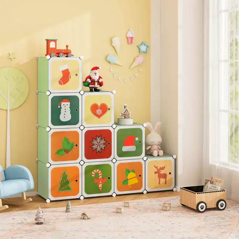 12-Cube Kids Wardrobe with Doors - 8 Storage Cubes + 2 Hanging Sections, Pink/Green, 43"x14"x57"