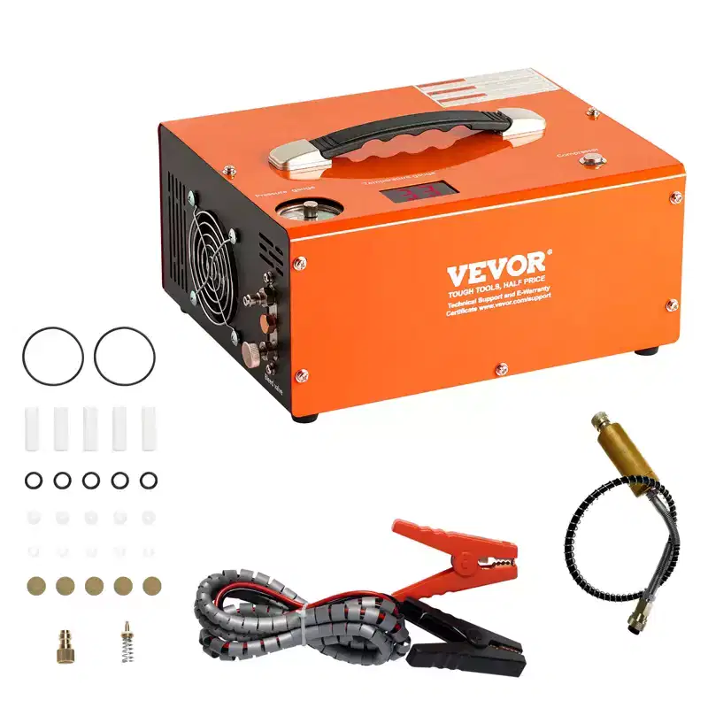 VEVOR PCP Air Compressor, 4500PSI Portable PCP Airgun Compressor with Built-in Converter, Auto-Stop | DC12V/AC120V | Oil & Water-Free, Orange