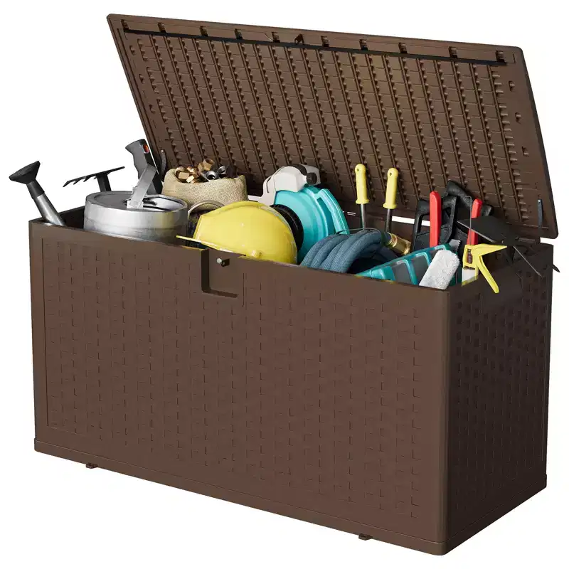 73 Gallon Waterproof Outdoor Storage Deck Box  Constructed from Durable Resin  Lockable Lid with Convenient Handles  Brown Finish