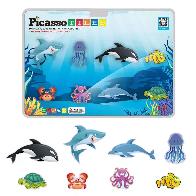 PICASSO-TILES Marine Animal Magnetic Building Blocks for Kids  8PC STEM Construction Toy, Educational Creative Learning Set for Toddlers