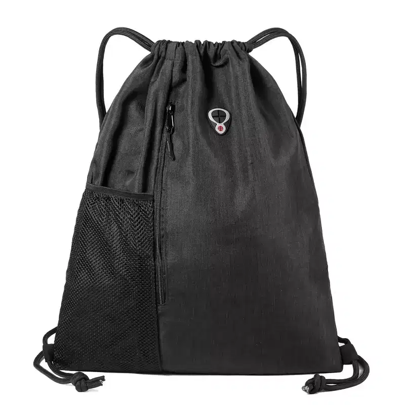 Narwey Mix Black Drawstring-Backpack-Gym-Bag, Large Sports Bag Water Bottle Pocket &Front Zippered Pocket