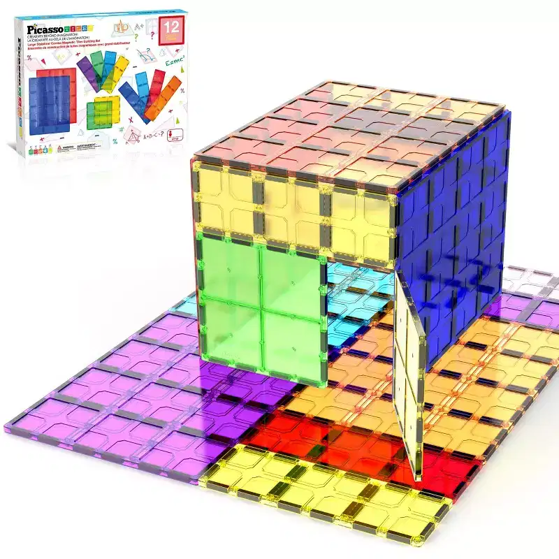 PICASSO-TILES Large Magnetic Tiles Building Blocks for Kids - 12PCS STEM Construction Educational Toy
