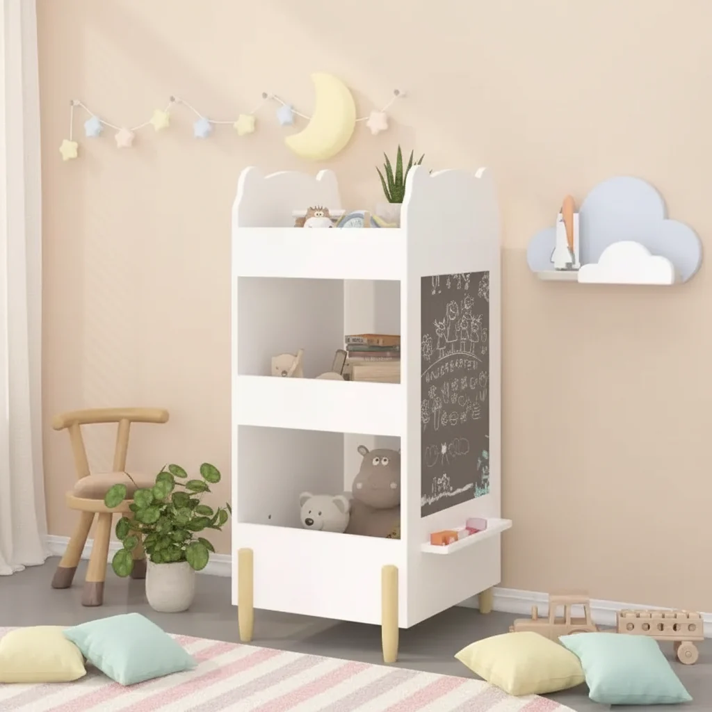 Kids Bookshelf with Chalkboard Side &ndash; Bear-Shaped Wooden Bookcase with 3-Tier Storage for Toddlers
