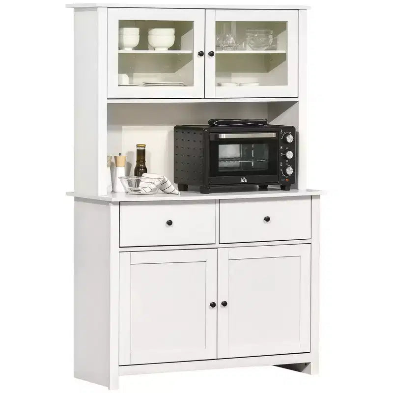 HOMCOM 63.5 Kitchen Buffet with Hutch, Pantry Storage Cabinet with 4 Shelves, Drawers, Framed Glass Doors, Open Microwave Countertop