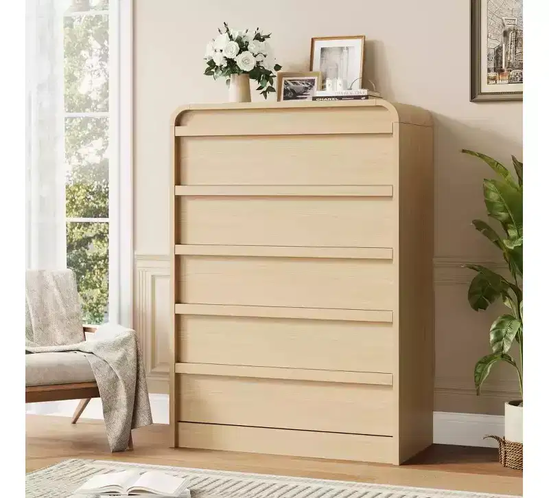 5 Drawer Dresser for Bedroom, 45 Tall Wooden Dressers with Curved Profile Design, Mid Century Chest of Drawers Closet Clothes Storage Organizer