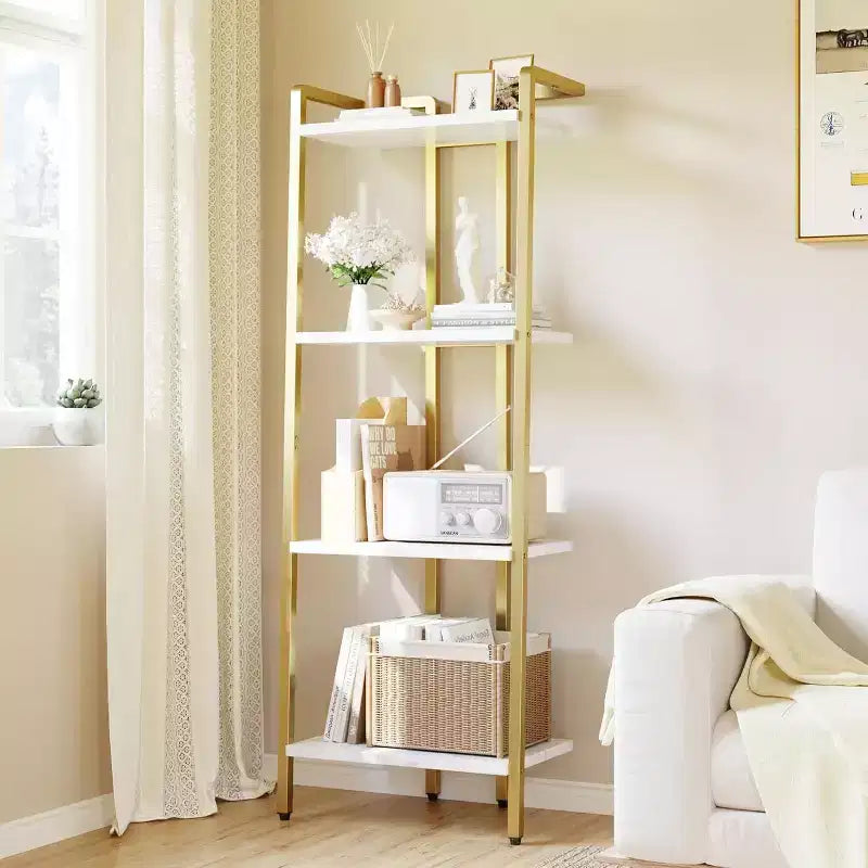 4-Tier Gold Bookshelf, Narrow Display Shelf with Marble-Textured Shelves and Metal Frame, Bookcase for Bedroom or Office
