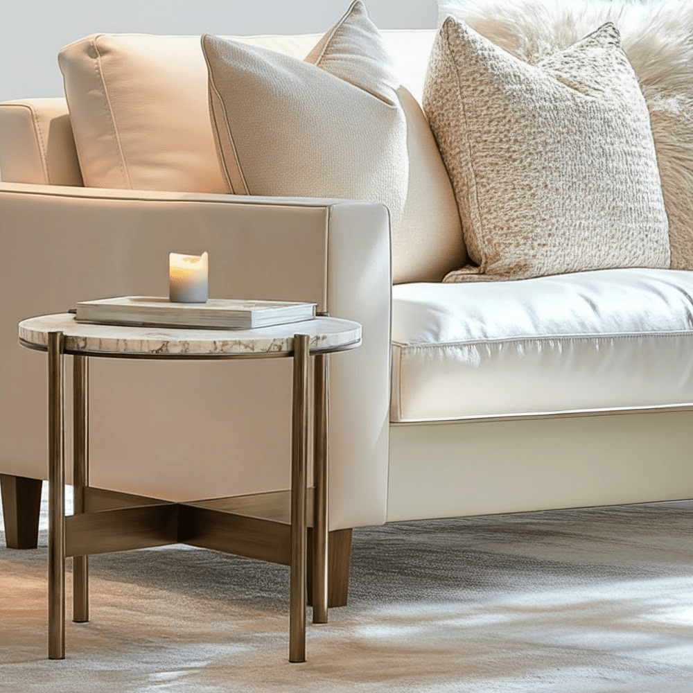 Antique Bronze Round Side Table with Cream Travertine Top