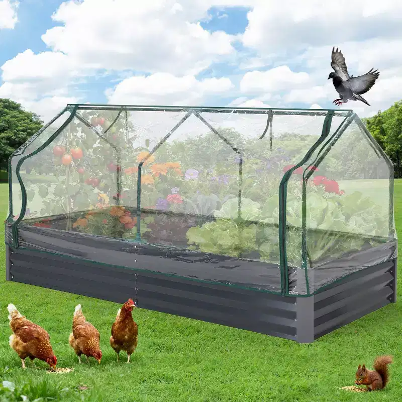 Galvanized Raised Garden Bed Kit 6x3x1 Ft with Zippered Cover Doors, Open Base Planter Box for Vegetables Flowers