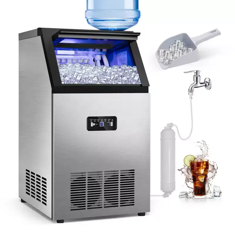 Hooure Ice Maker Machine (15-Inch, 100 lbs/24H, 36 Pcs/8-15 Min) - Dual Water Inlet, Stainless Steel