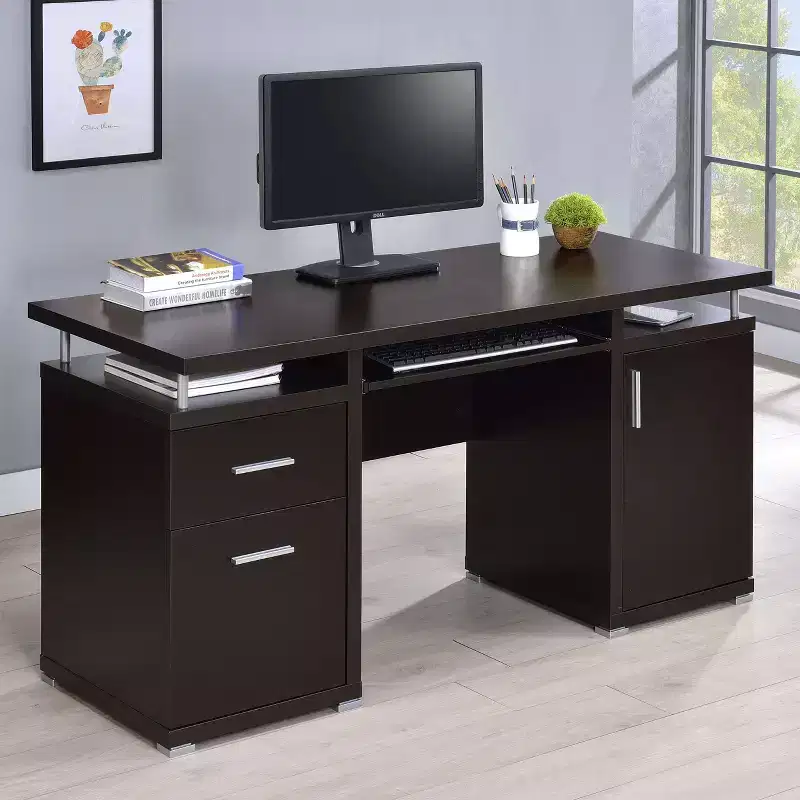 55" Wooden Writing Desk with 2 Drawers, 1 Cabinet, 1 Open Shelf and Door for Home Office or Study