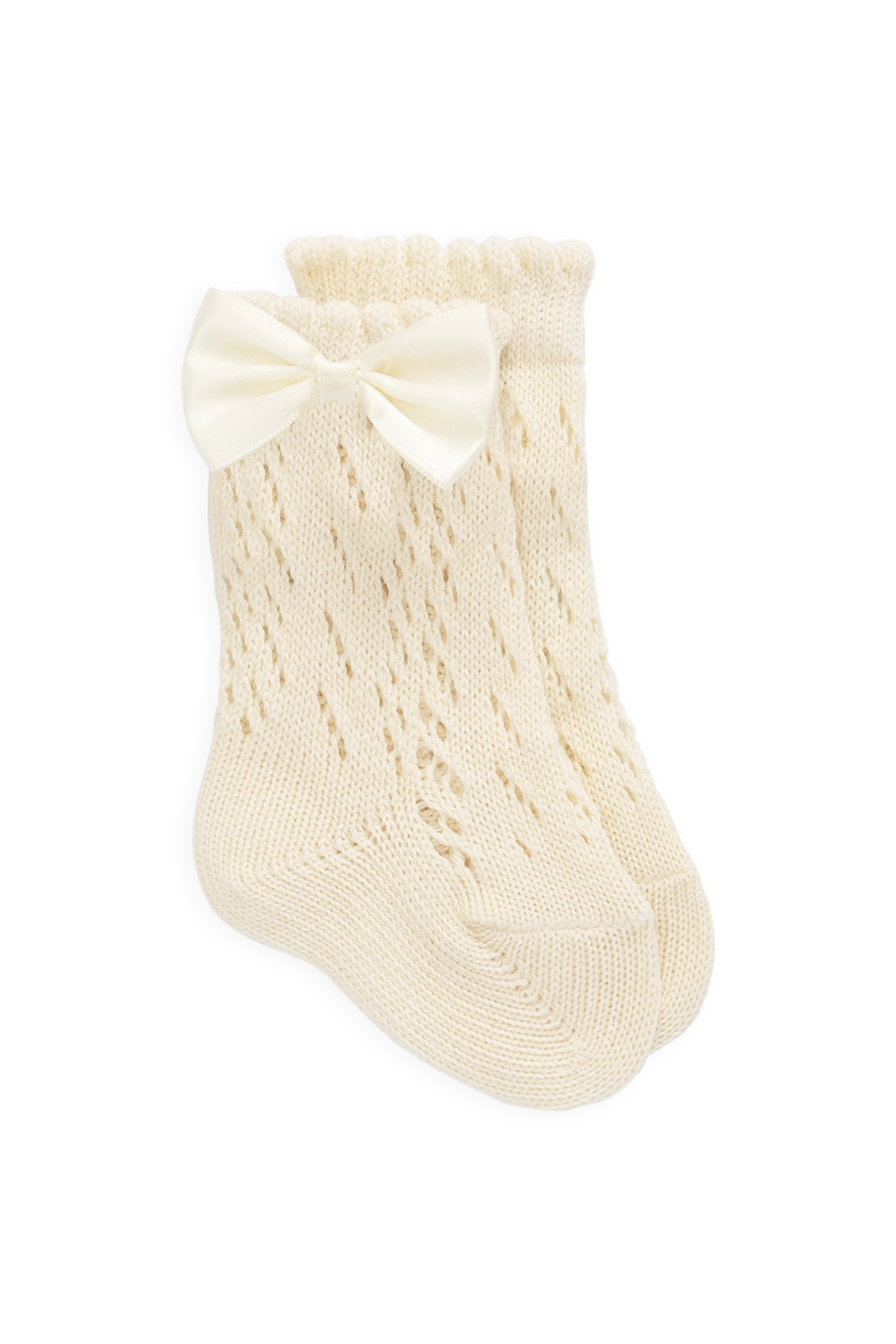 Delicate Milk Cotton-Polyester Textured Socks with Scalloped Cuff & Bow Detail for Girls NB&ndash;10Y