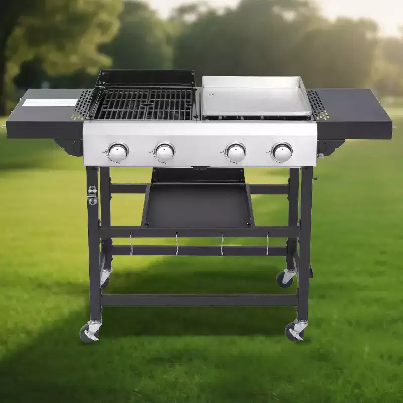 Okak 2+2 Gas Grill with Multiful Use, Outdoor Grill with Botton Shelf and Side Table, Barbecue Grill for Outdoor Cooking, Patio, Picnics, Black+Silver
