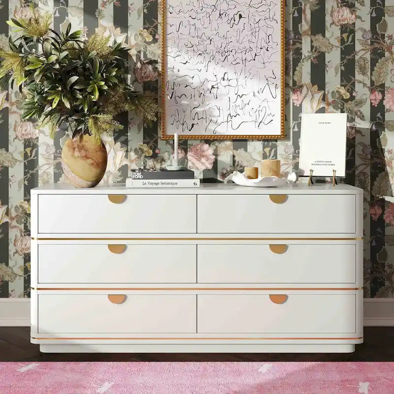 6-Drawer Dresser &ndash; Grey / Black / Cream, Acacia Wood, Brass Pulls, Art Deco Style