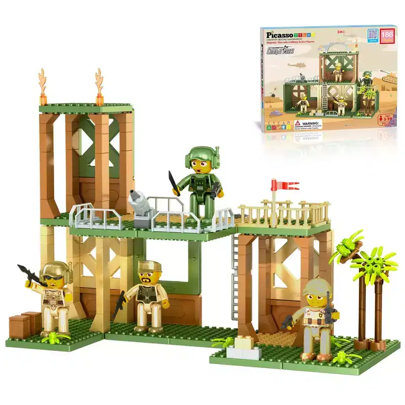 PICASSO-TILES 186PCS Military Combat Force Magnetic Tiles & Brick Construction Set, STEM Educational Toy for Kids