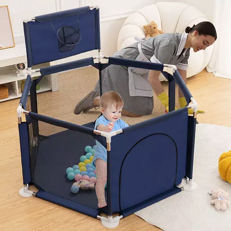 6-Panel Baby Playpen &ndash; 50"x50", Portable Playard with Basketball Hoop & Mesh Design