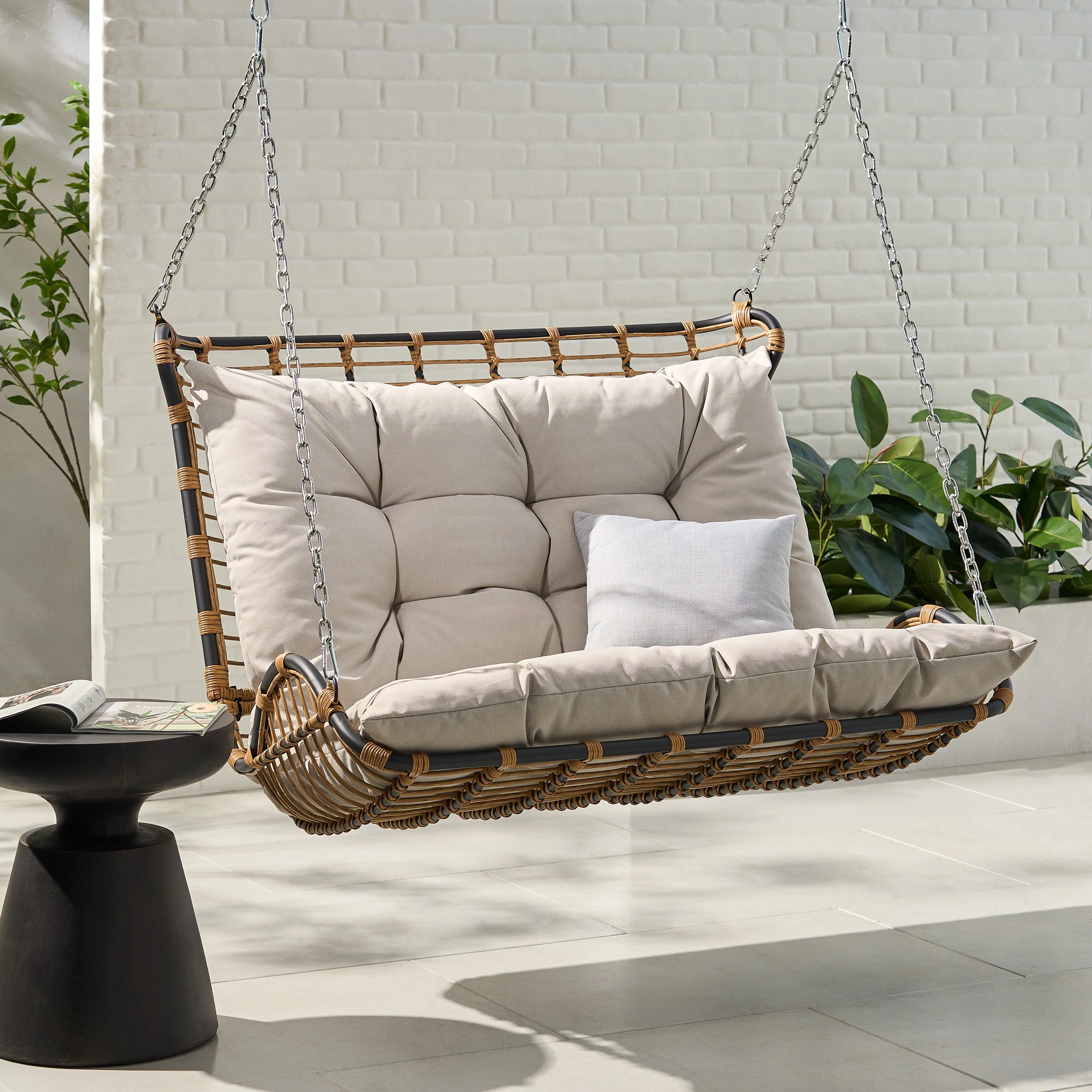 Outdoor Wicker Porch Swing with Cushions and Durable Frame