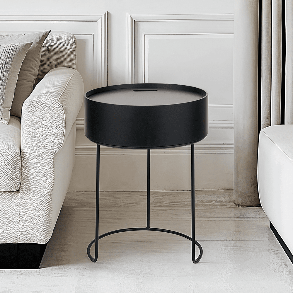 Black Wood Veneer & Metal Storage Side Table