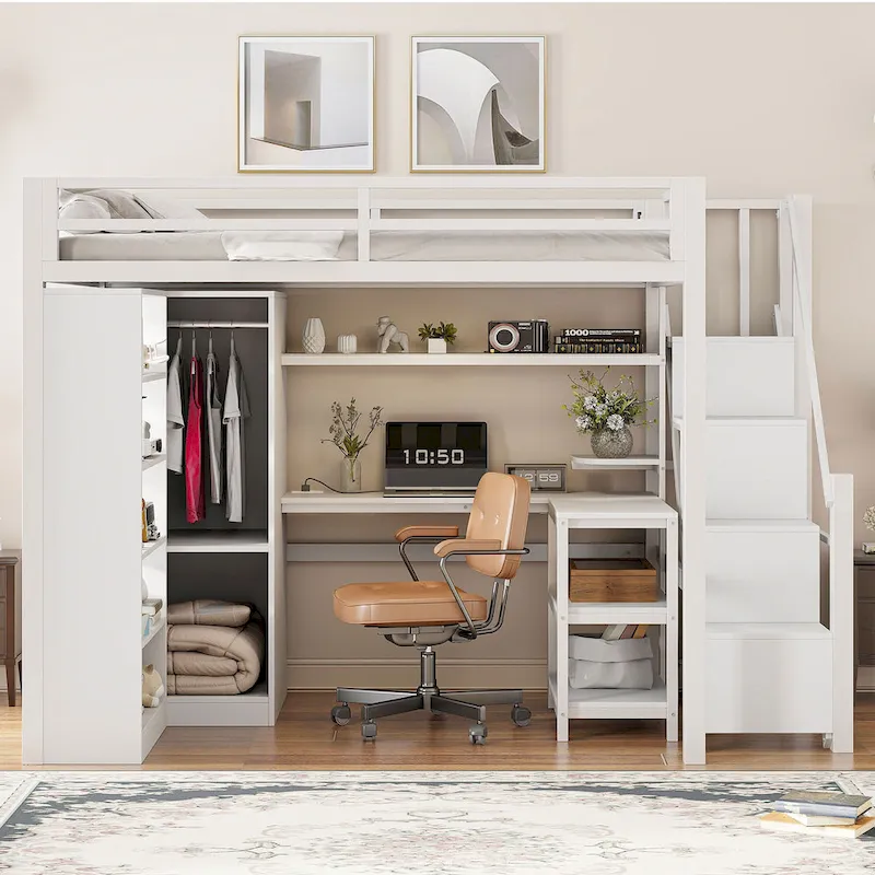 Metal Loft Bed with Desk, Wardrobe & Stepped Stairs &ndash; Twin/Full Size
