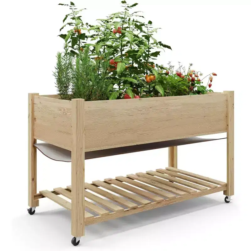 Raised Garden Bed 48x24x32-Inch Mobile Elevated Wood Planter Raised Beds w/Lockable Wheels, Storage Shelf, and Protective Liner for Outdoor Gardening