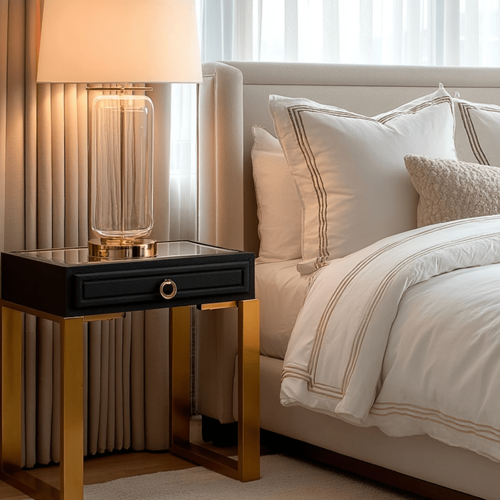 Black Faux Shagreen 1 Drawer Bedside Table with Gold Legs