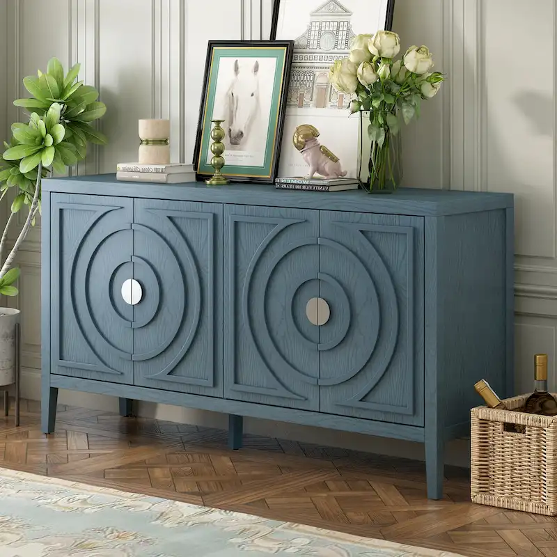 4-Door Retro Sideboard with Concentric Circle Relief Panels & Adjustable Shelves