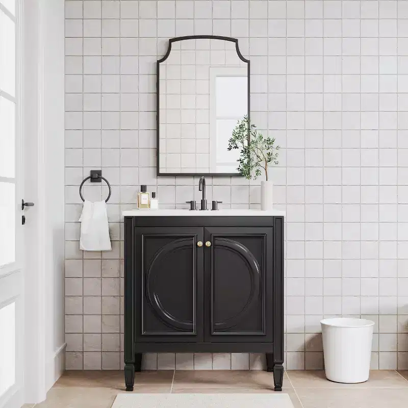 PexFix Black Bathroom Vanity Set with Arched Mirror 30 Inch Single Sink Vanity Cabinet with Soft-Close Doors & Drawers for Bathroom Storage and Dcor