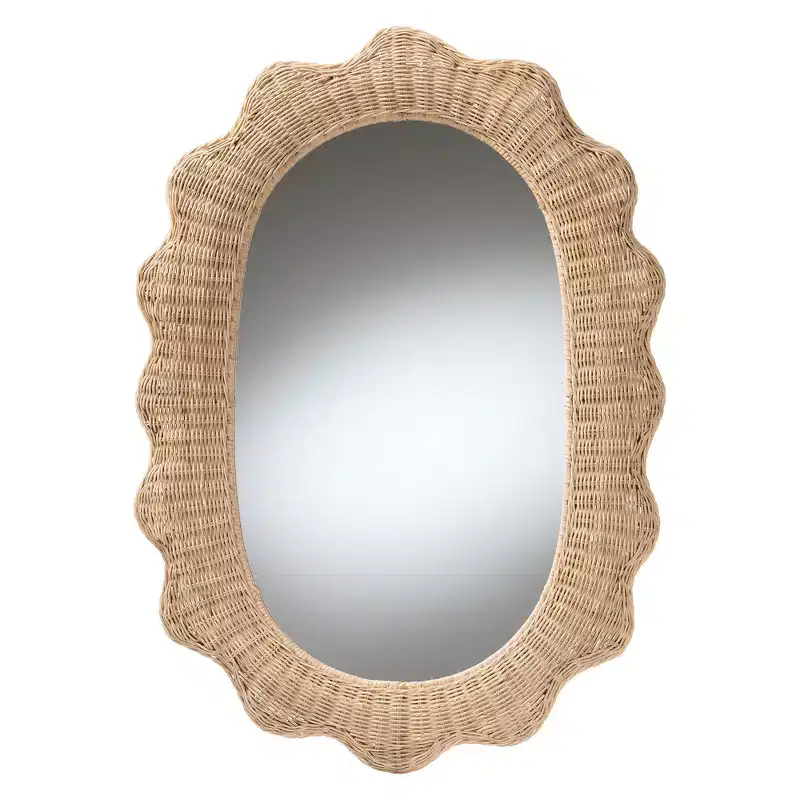 Scalloped Natural Rattan Wall Mirror �C Oval Boho Coastal, 95,3 cm High