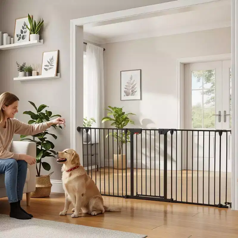 Metal Baby & Pet Safety Gate, Collapsible Freestanding Barrier with Walk-Through Door, Adjustable Playpen for Stairs, Doors, Fireplace