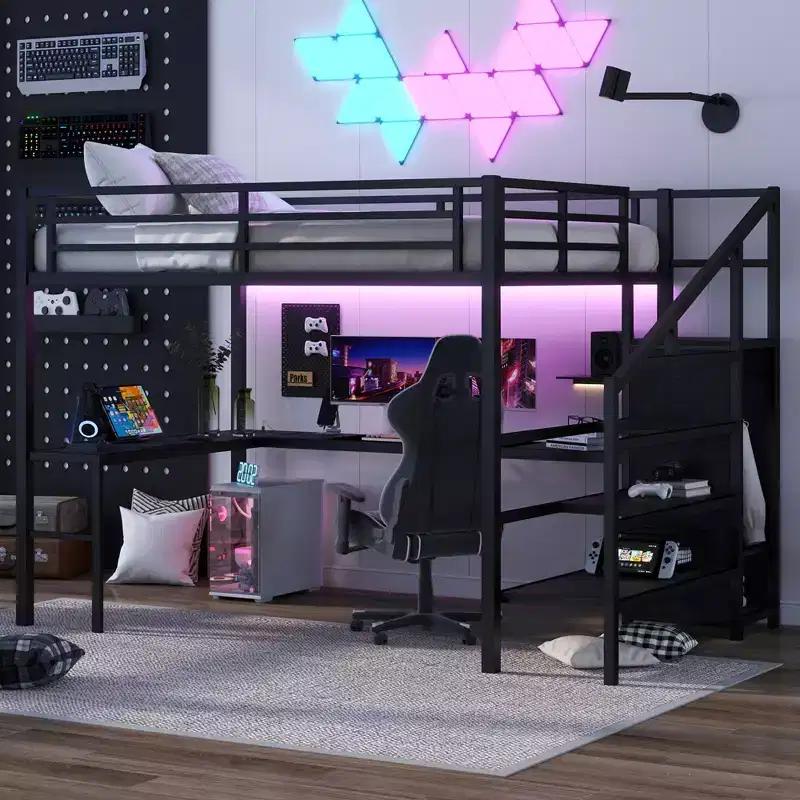Queen Loft Bed with L-Shaped Desk, Wardrobe, USB Port & LED, Metal Frame with Storage Stairs