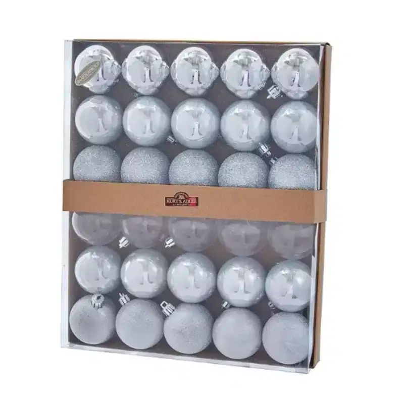 Kurt Adler Shatterproof Christmas Tree Ornaments Set, Multi-finished Silver Balls, 2.5 (30-Count)