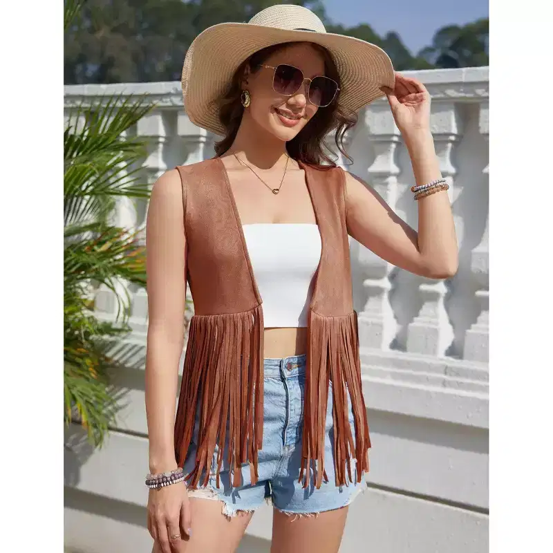 Coolmee Women's Casual Simple Vests Fashion Fringe Cardigans Tassel Sleeveless Open Front Jackets Western Faux Suede Leather Jackets 2XL Brown