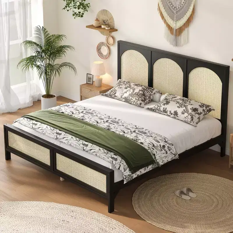 Whisen Queen Size Wood Platform Bed Frame with Rattan Headboard and Footboard, Sturdy Construction