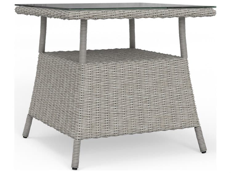 Outdoor Wicker Square Patio End Table Light Driftwood Tempered Glass Top