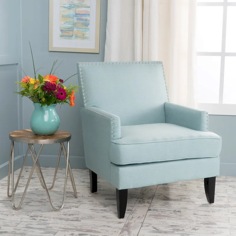 Studded Fabric Club Chair &ndash; Extra Padded Accent Chair with Birch Wood Legs