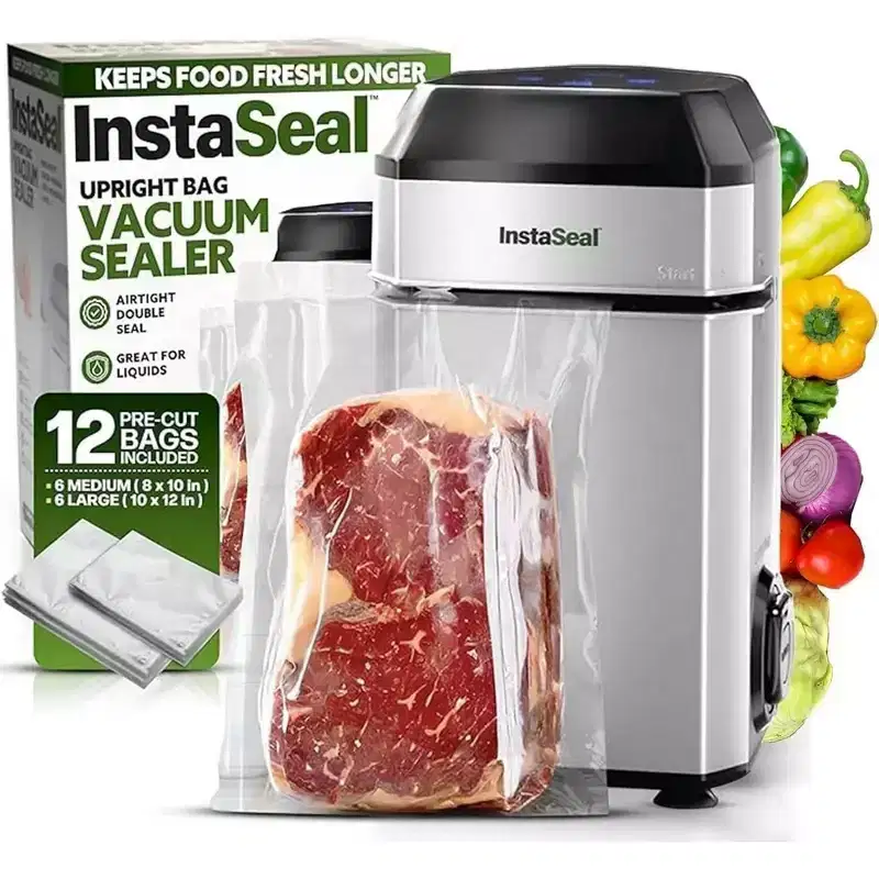 InstaSeal Vacuum Sealer Food Saver Bag Sealer Machine Upright Suction Base With 12 Food Safe Storage Bags