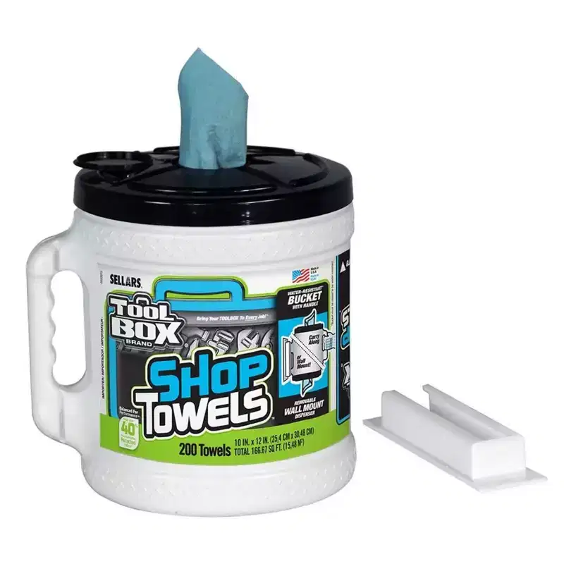 TOOLBOX Shop Towels with Big Grip Dispenser Bucket  10 x 12, Recycled Fiber Towels, 200 Sheets