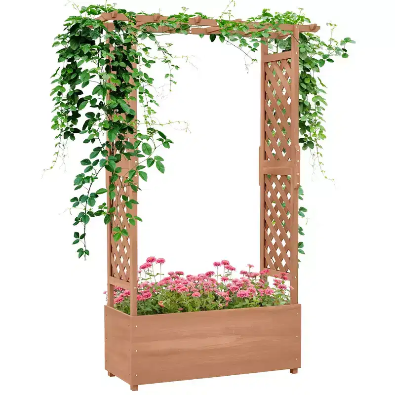 Okak Raised Garden Bed with Rectangular Trellis, Outdoor Planter Boxes with Drainage Hole & Filter, Outdoor Planter for Vine Climbing Plants, Brown