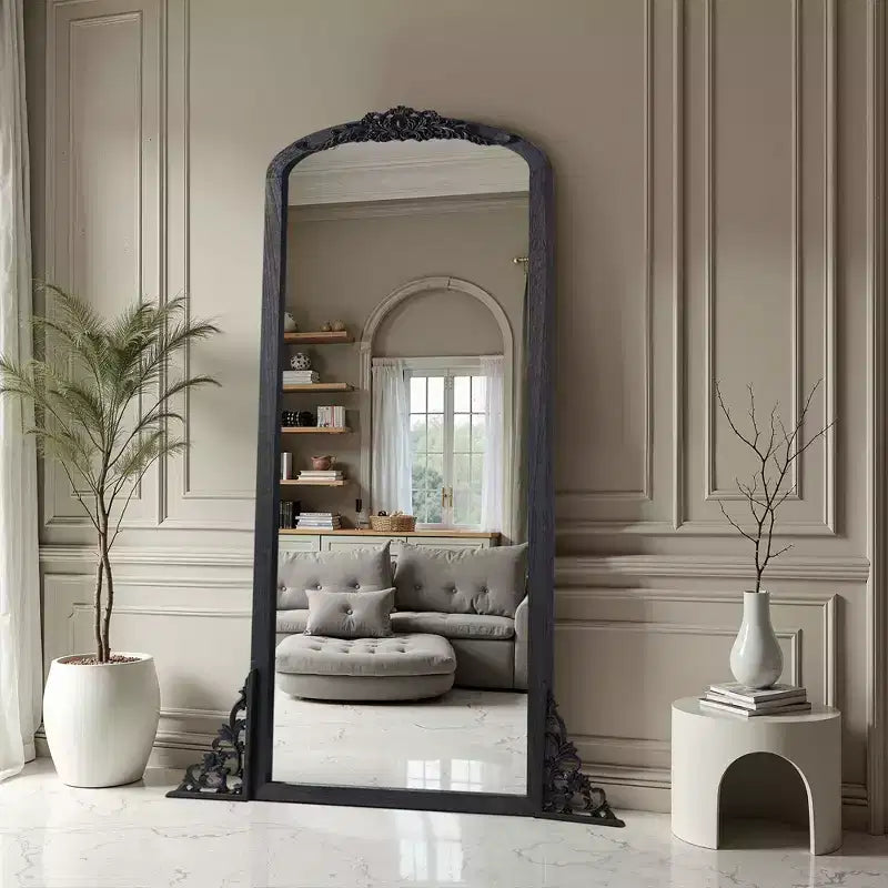 67x28 inch Solid Wood Carved Right Angle Micro Arch Black Full-length Mirror (without Bracket)