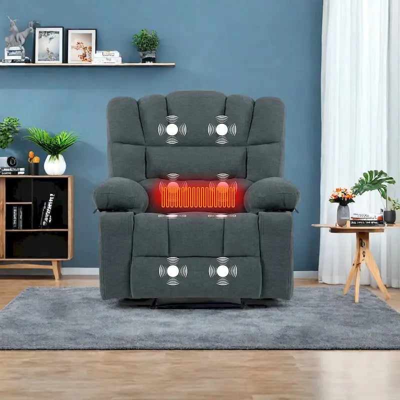 Grey Chenille Manual Recliner Chair with Massage, Heating, Cup Holders for 1 Person