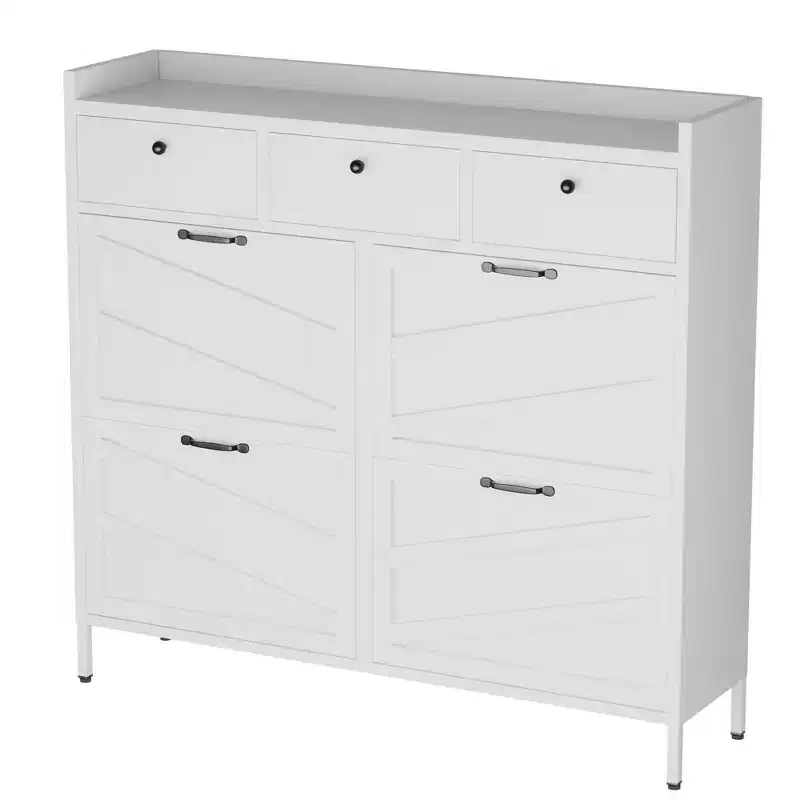 VIYET 43 Slim Metal Shoe Cabinet, White Steel Organizer w/ 4 Flip & 3 Drawers (Anti-Tip Hidden Entryway Storage)
