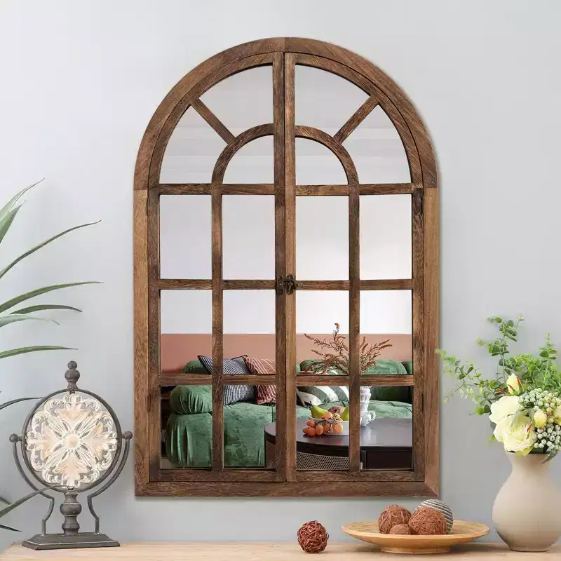 Dovelina 36H x 24W Arched Wood Window Pane Mirror Decorative Wall Mirror Overmantle Mirror for Living Room Dining Room Bedroom Entryway