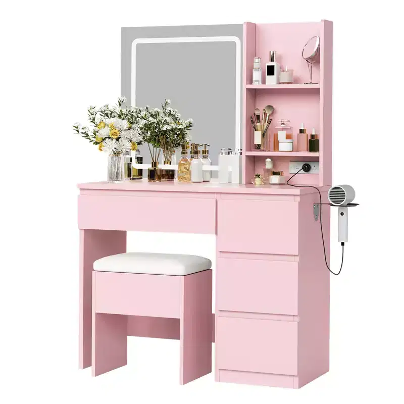 Vanity Desk with LED Mirror, 4 Drawers, Power Outlets, Storage Stool & Hair Dryer Holder