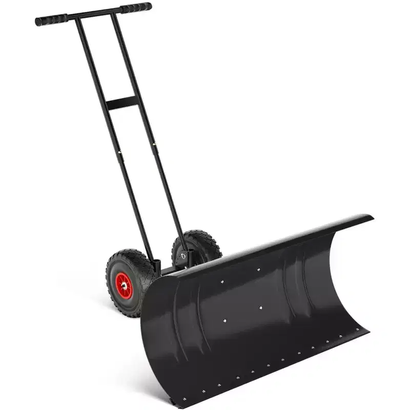 36 Heavy-Duty Snow Pusher Shovel with Wheels, Snow Pusher Hand Plow for Snow Removal, 5 Level Adjustable Handle & 7-Position Angled Blade