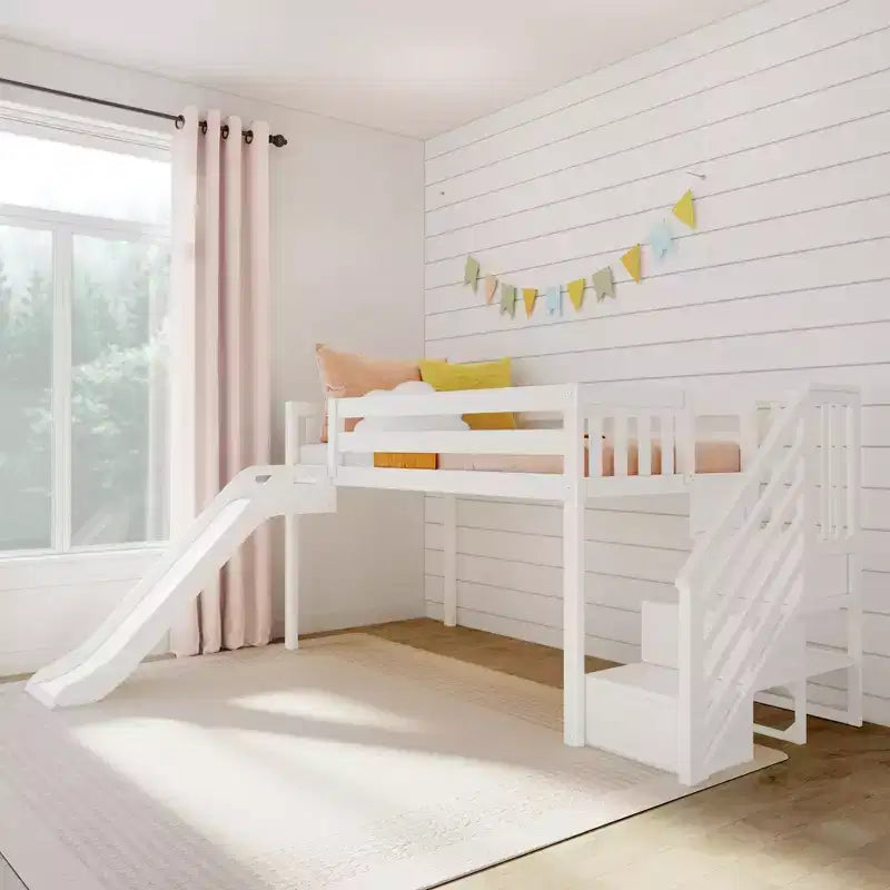 Kids Twin Low Loft Bed with Slide & Stairs, Solid Wood, 14 Guardrails, 400 lb Capacity