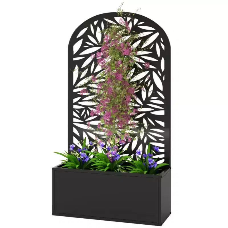 NAYSAYE Curved Raised Garden Bed Metal Planter Box with Trellis Panel for Plants Flowers Vegetables and Climbing Plants, Black, 24*9.1*44.5