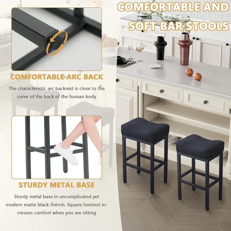 XINMICS Bar Stools, 27 Inches Modern Counter Height Bar Stools, Metal Legs Backless Upholstered Saddle Stool Chair